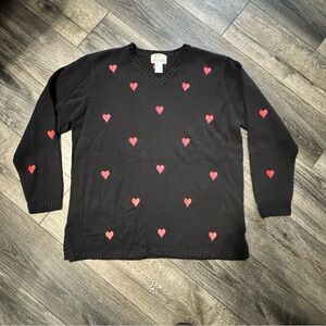 Quacker Factory Heart Embroidered V-Neck Sweater Black Red Size Large Vintage